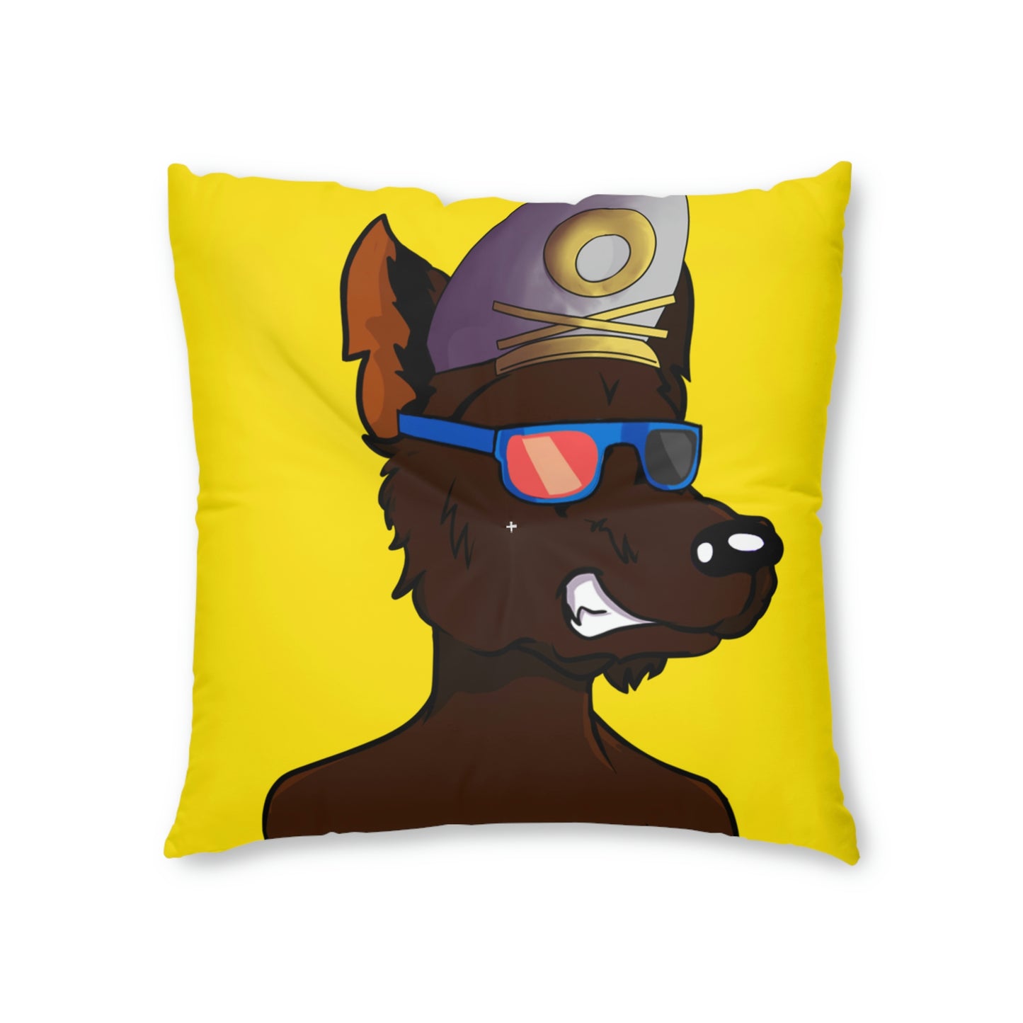 Wolf Cyborg Sailor Hat Shirtless Sunglasses Brown Fur Tufted Floor Pillow, Square