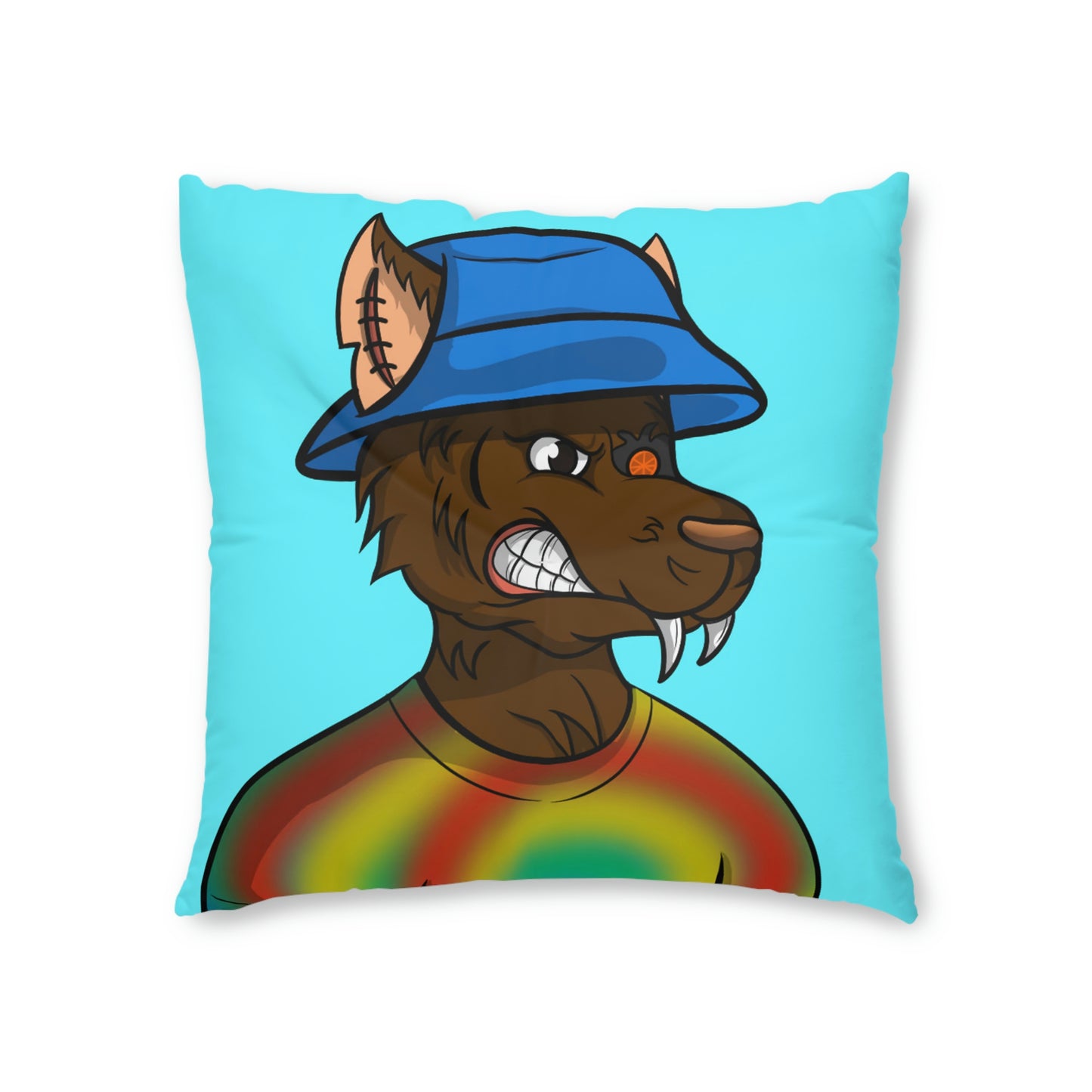 Brown Wolf Fur Cyborg Wolve Bucket Hat Tie Dye Shirt Tufted Floor Pillow, Square