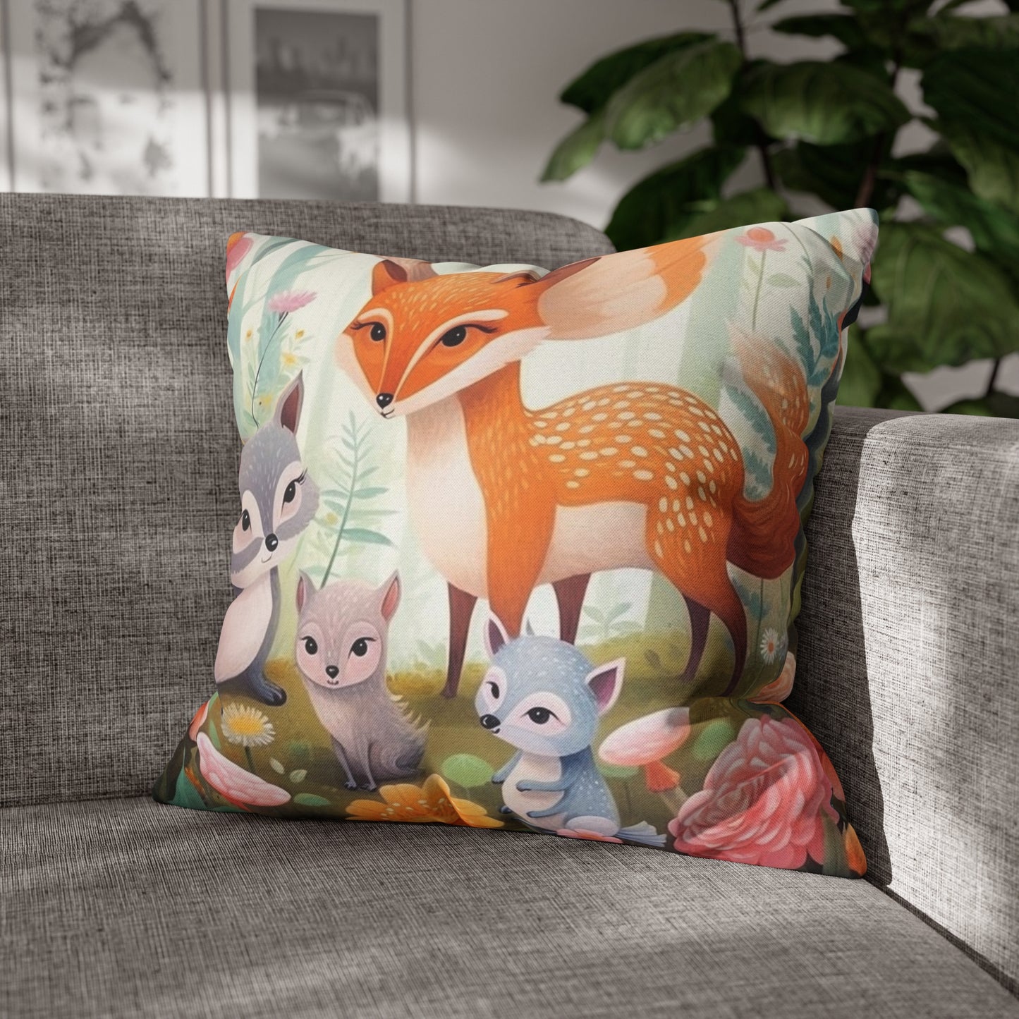 Cute Woodland Creatures Whimsical Animal Art Spun Polyester Square Pillow Case