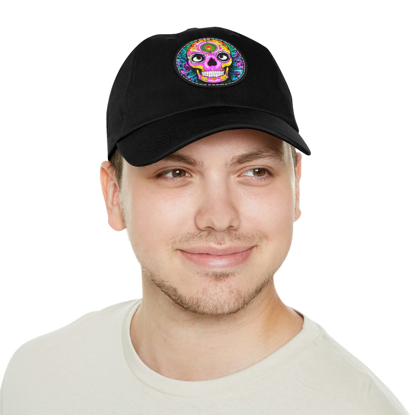 Trippy psychedelic Skull Skeleton Head Face Dad Hat with Leather Patch (Round)