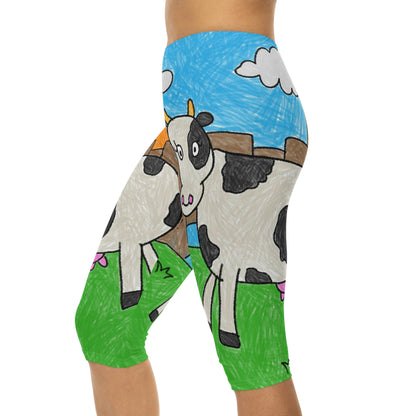 Leggings capri para mujer con personaje animal de granero de granja de vaca Moo (AOP) 