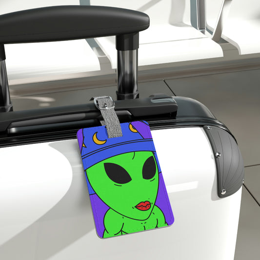 Blue Wizard Hat Alien Muscle Lipstick Green Visitor Saffiano Polyester Luggage Tag, Rectangle