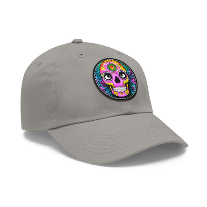 Trippy psychedelic Skull Skeleton Head Face Dad Hat with Leather Patch (Round)