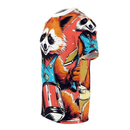 Red Panda Drum Music Player Graphic Camiseta unisex cortada y cosida (AOP) 