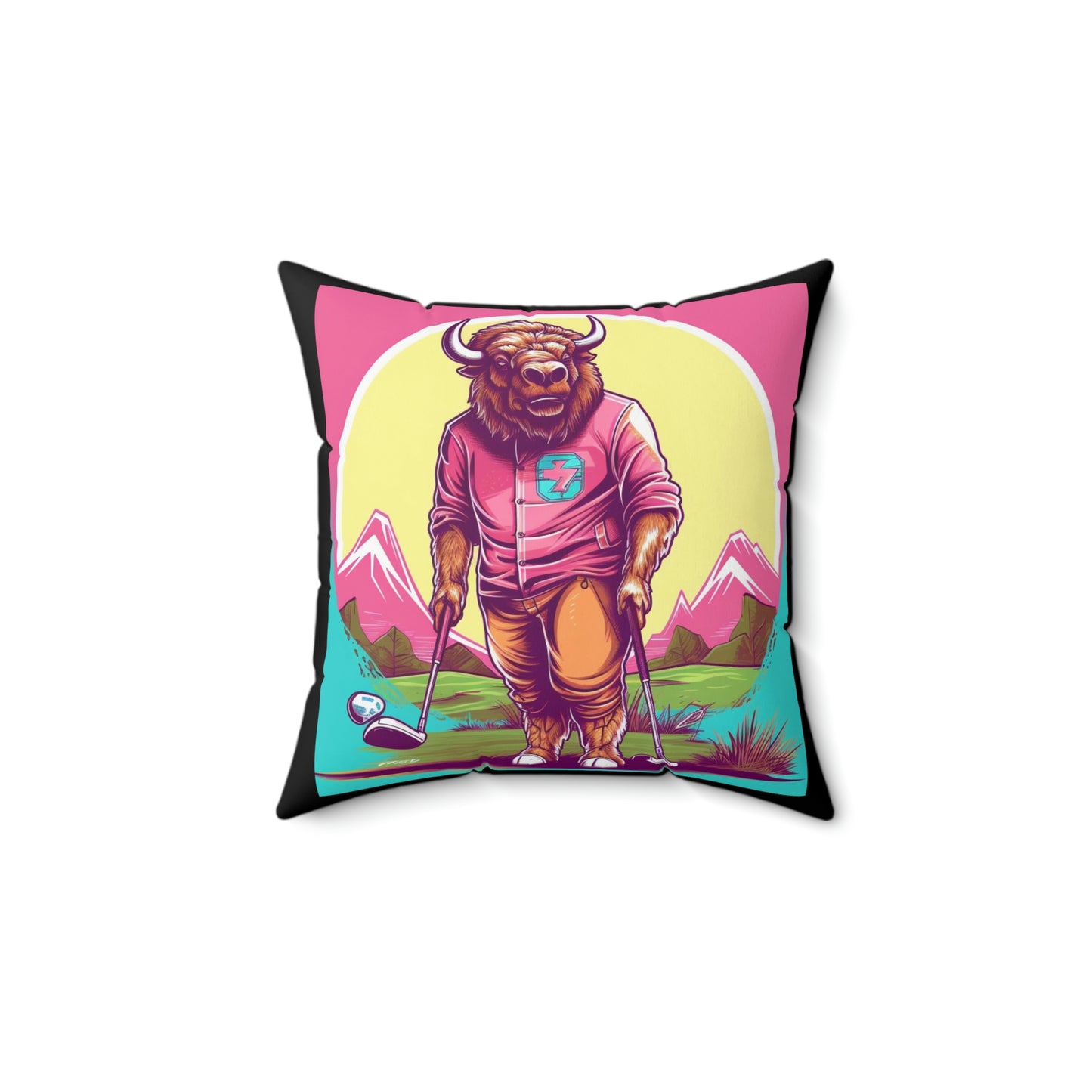 Almohada cuadrada de poliéster hilado con gráfico de juego deportivo American Bison Golf Buffalo 