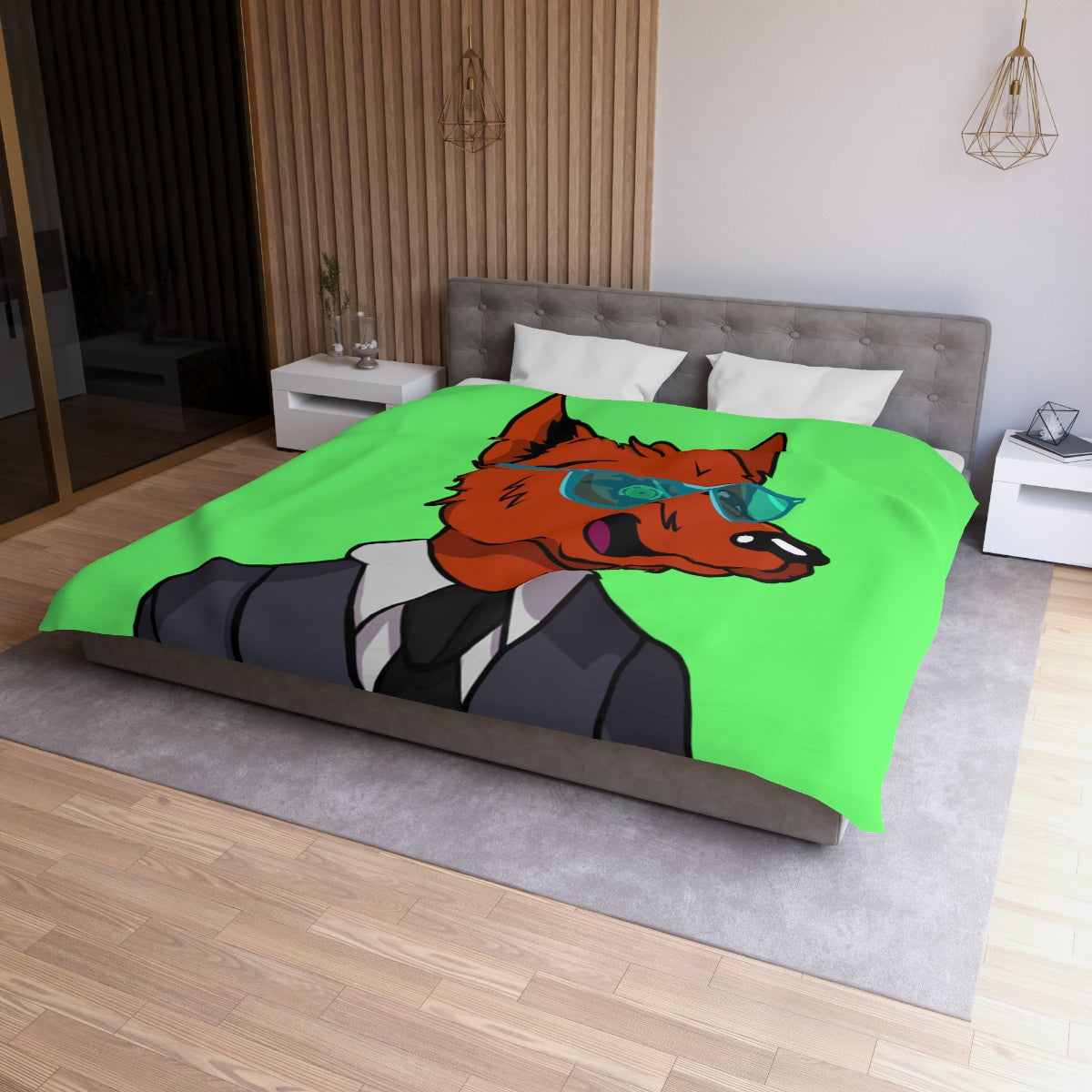 Cyborg Wolf Grey Suit Black Tie Blue Glasses Orange Fur Microfiber Duvet Cover