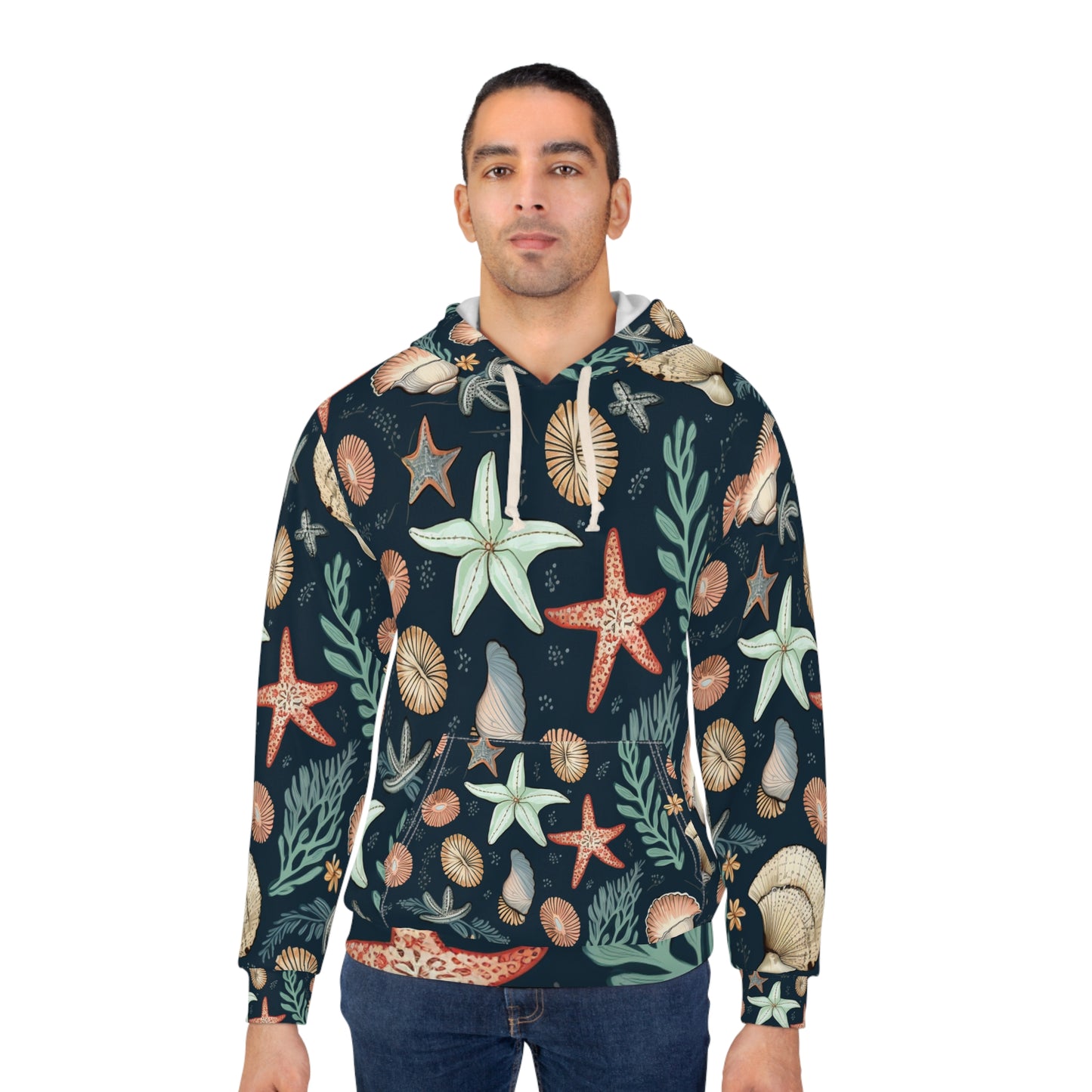 Sudadera con capucha unisex con diseño de conchas marinas y estrellas de mar dibujadas a mano (AOP)