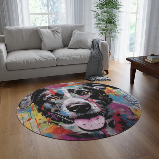 Graffiti-Style Dog Print Art: Happy, Colorful, Post-Apocalyptic Design Round Rug