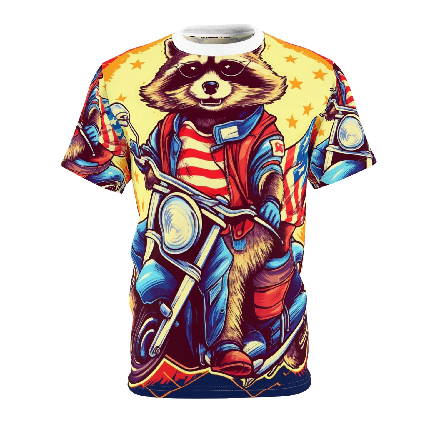 Red White and Blue American Raccoon Biker Motorcyclist Graphic Unisex Cut & Sew Tee (AOP)