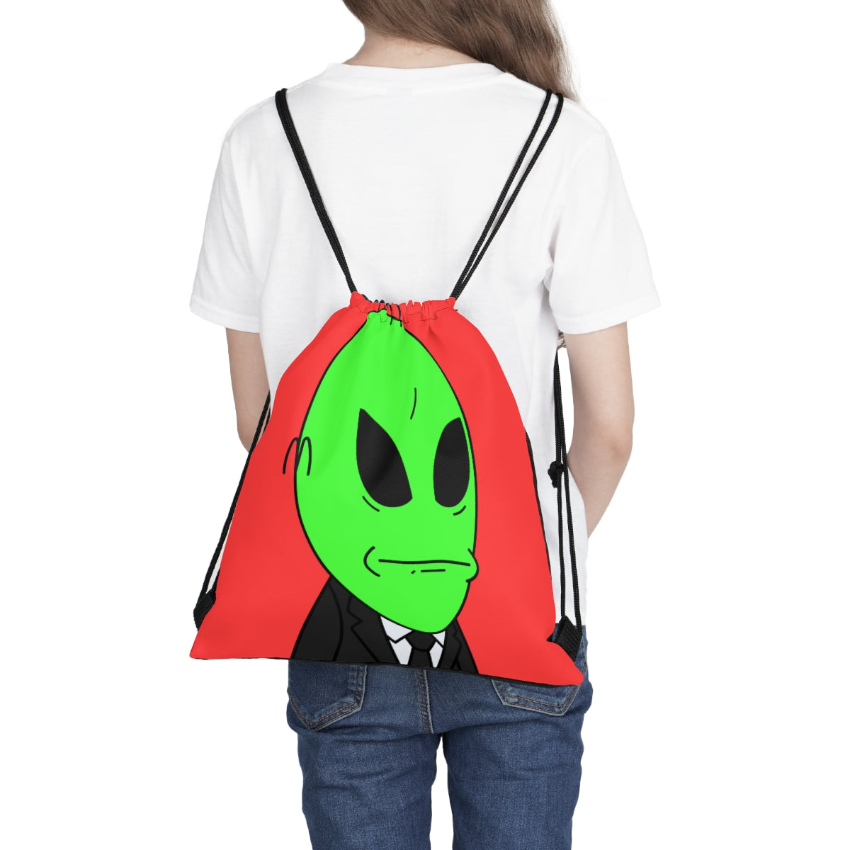 Green Hair Alien Business Black Suit Large Okay Mouth Visitor Outdoor Drawstring Bag