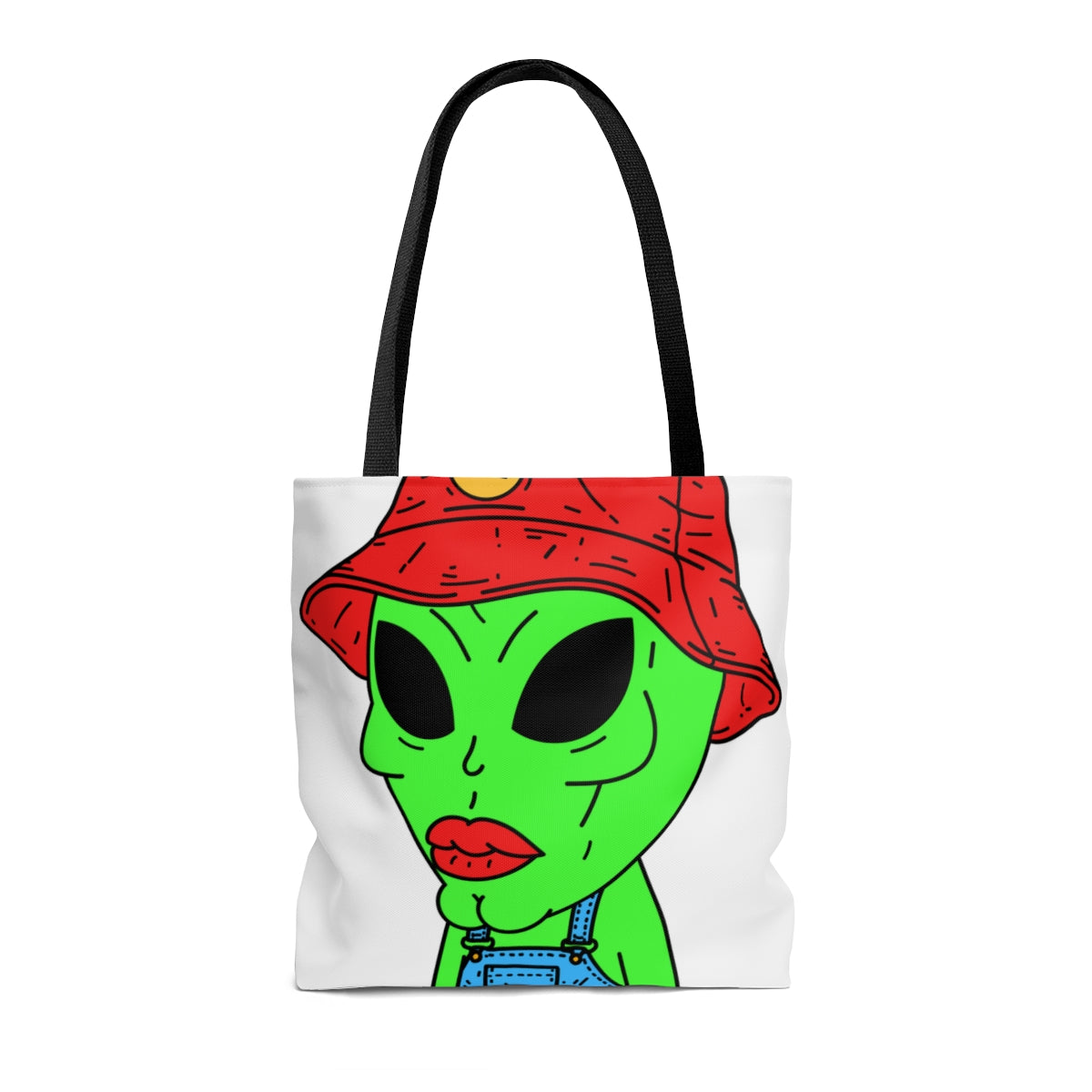 Old Green Alien Strong Chin Red Visi Hat Farmer Trouser Visitor AOP Tote Bag