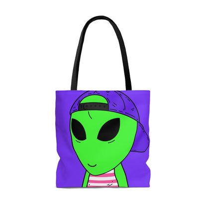 Purple Hat Green Alien Smile Visitor Red White Striped Tank Top AOP Tote Bag