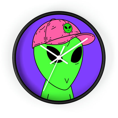 Green Alien V Face Pink Visi hat Visitor Wall clock