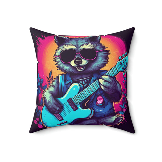 Raccoon Musician Art - Rock Star Guitarist Furry Animal Spun Polyester Square Pillow