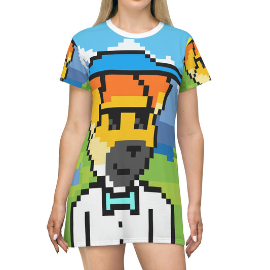 Vestido estilo camiseta con estampado integral de animales, viajes, aventuras y perros 