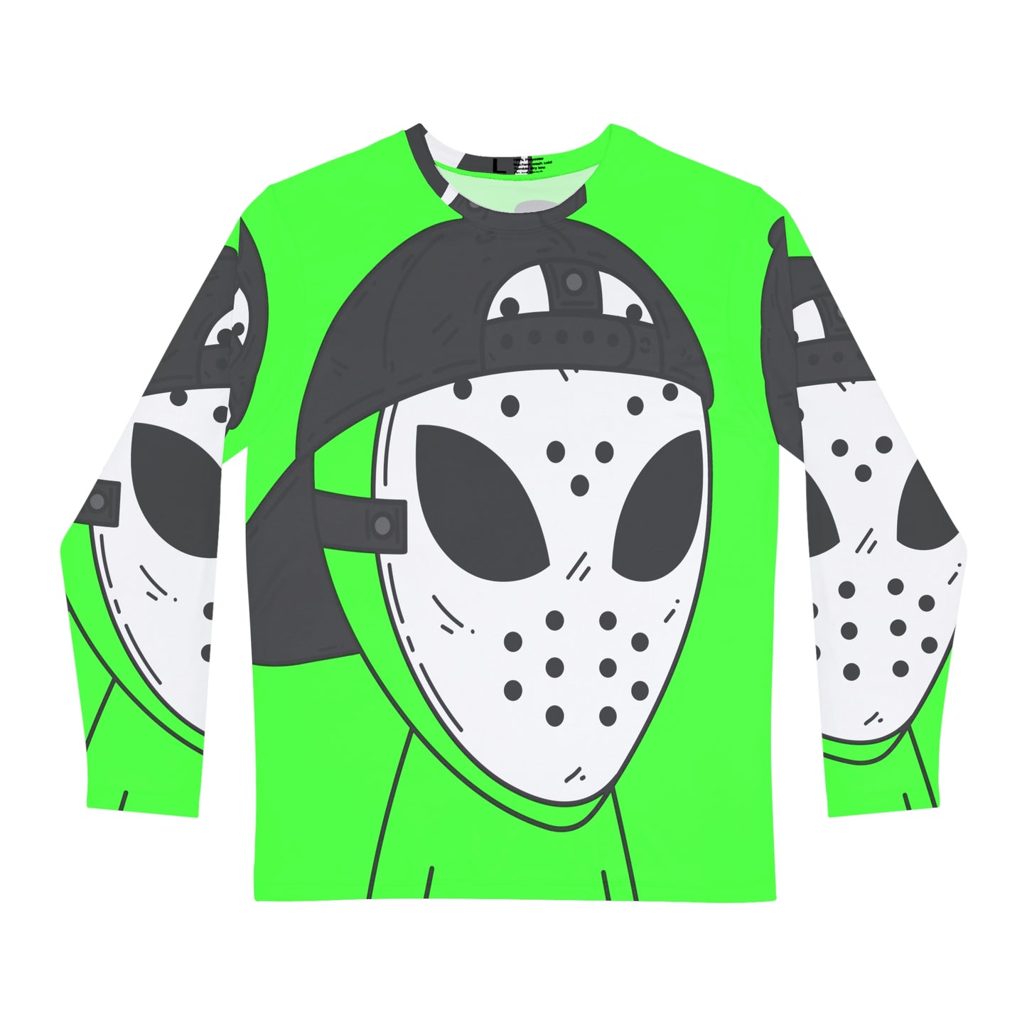 Camiseta AOP de manga larga para hombre con máscara de hockey blanca y verde alienígena visitante 