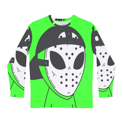 Camiseta AOP de manga larga para hombre con máscara de hockey blanca y verde alienígena visitante 