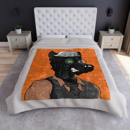 Wolf Cyborg Detective Silver Fedora Round Glasses Green Eye Crushed Velvet Blanket