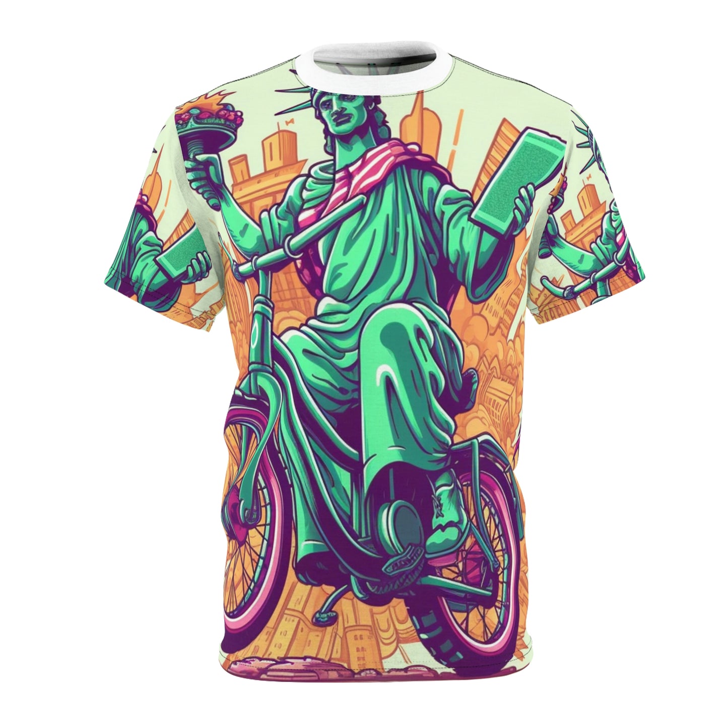 Estatua de la Libertad Ciclista Bike Rider American Graphic Unisex Cut &amp; Sew Tee (AOP) 