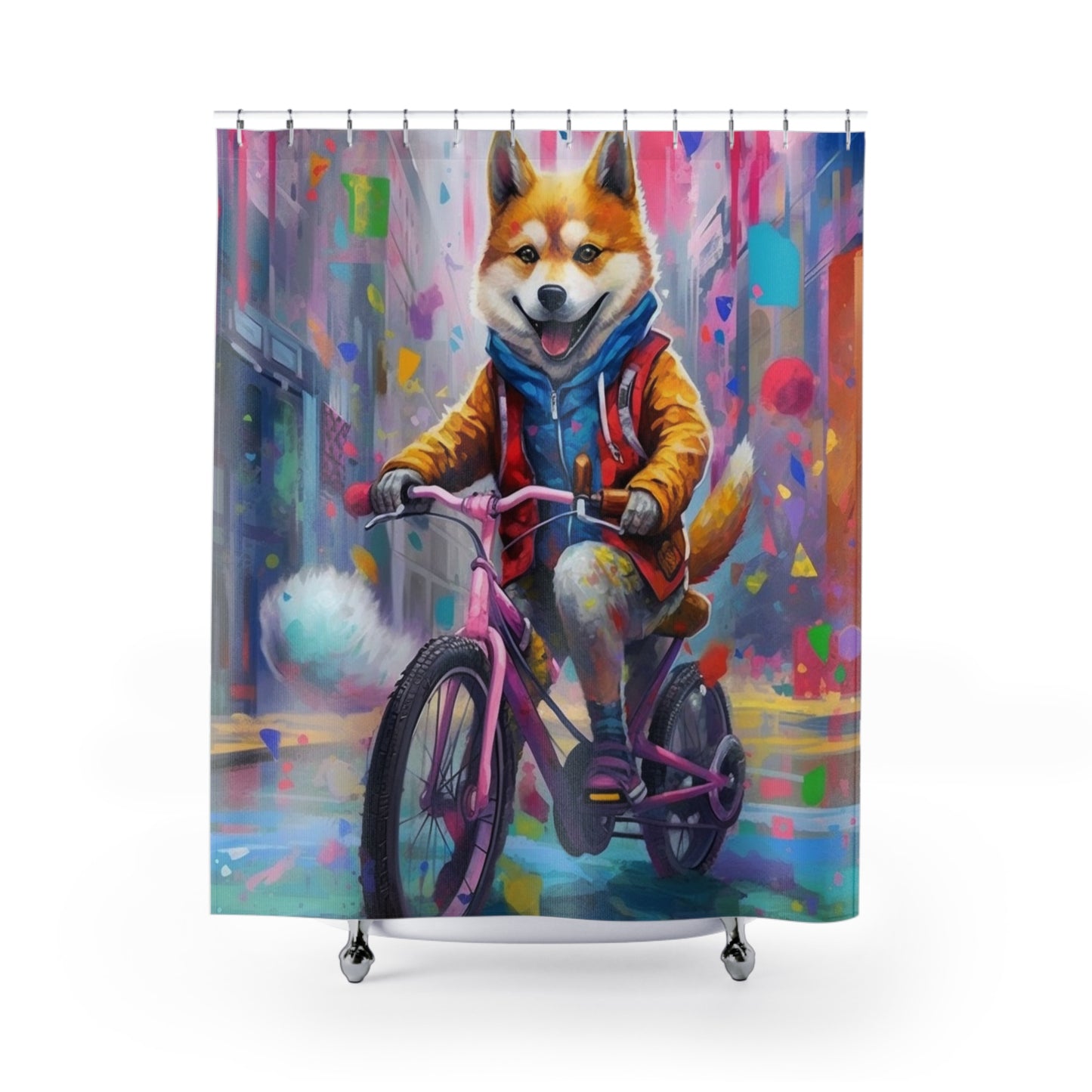 Shiba Inu on Bike Graffiti-Style Art: Colorful, Happy, Post-Apocalyptic Design Shower Curtains