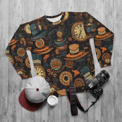 Estética Steampunk: sudadera unisex con diseño de engranajes, sombreros de copa y relojes vintage (AOP) 