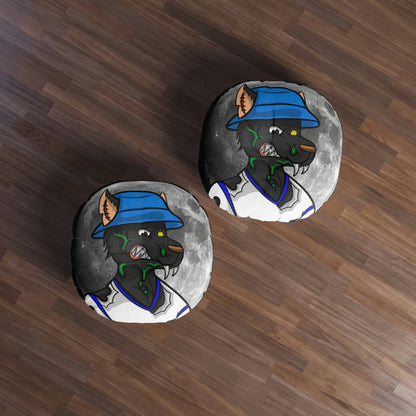 Almohada de suelo capitoné con lobo de hombre lobo Cyborg de luna llena, redonda 