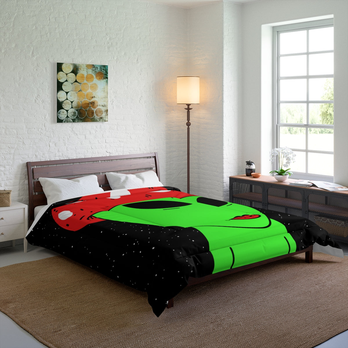 Mushroom Head Green Alien Visitor w/ Red Lips Bed Comforter