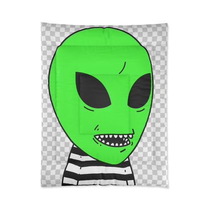 Green Alien Sharp Teeth Mouth Striped Black White Shirt Visitor Bed Comforter