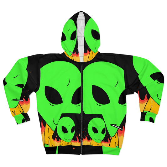 Alien Fire Flaming Hot Background AOP Unisex Zip Hoodie