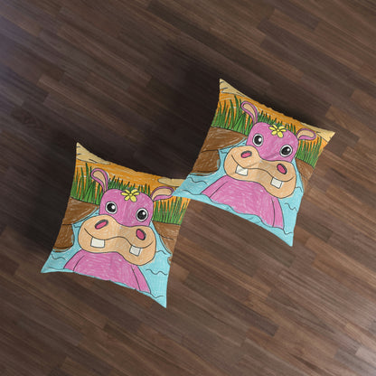 Hippo Hippopotamus Animal Creature Graphic Tufted Floor Pillow, Square