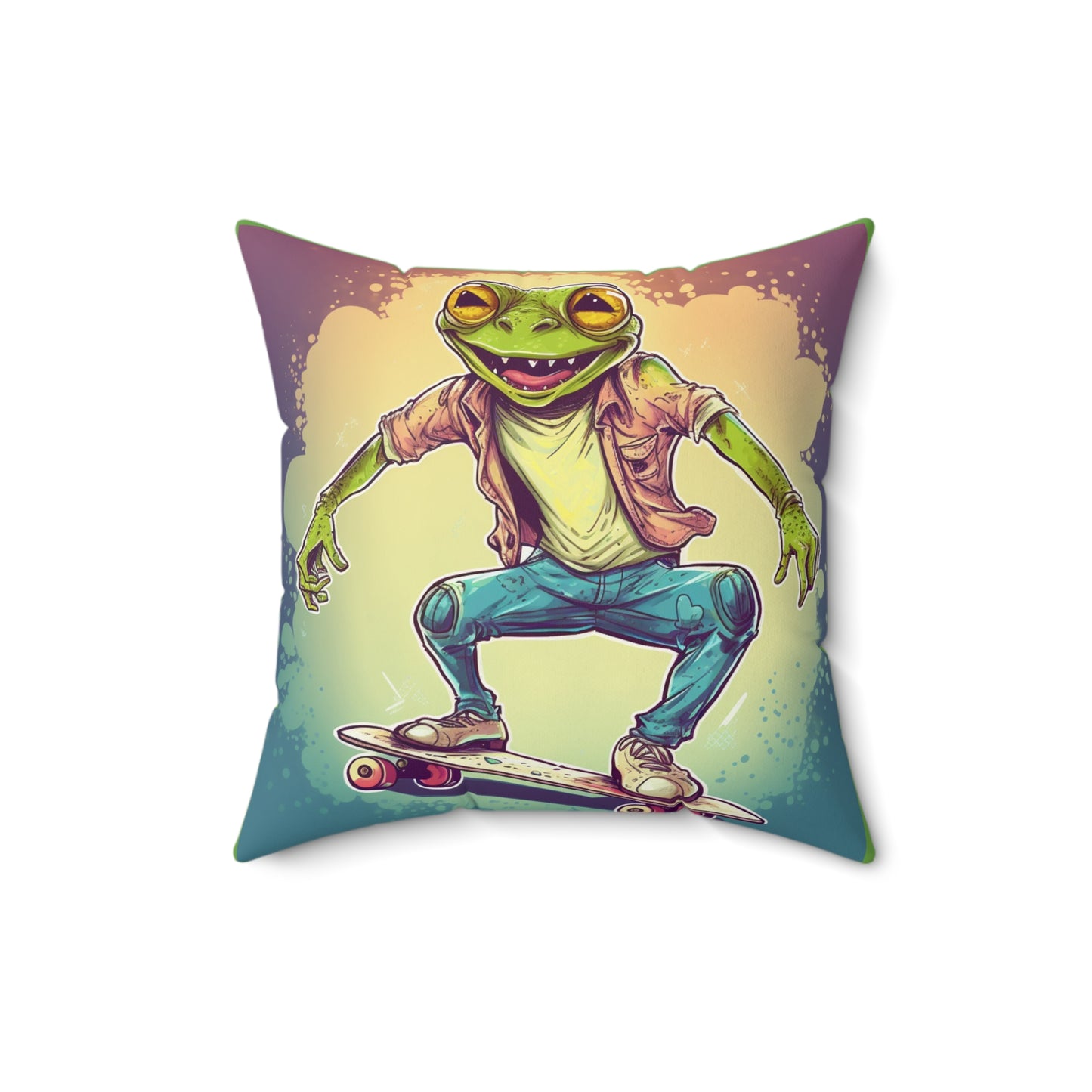 Frog Skateboard Trick Amphibian Sport Graphic Spun Polyester Square Pillow