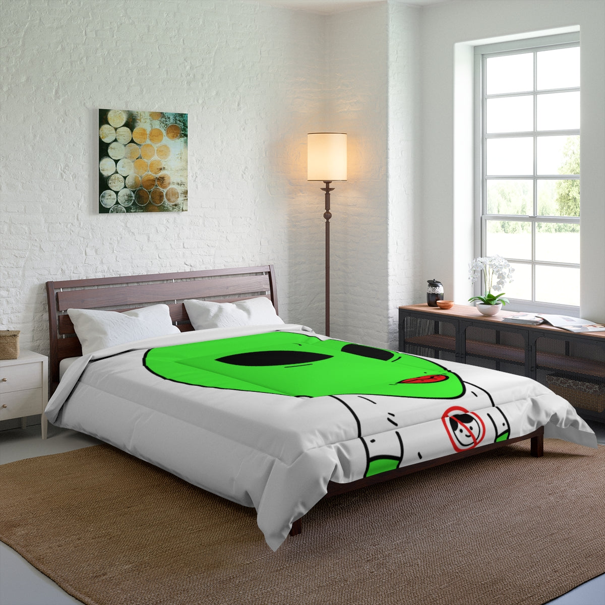 Green Alien Anti Human T Shirt Visitor Red Lipstick Bed Comforter