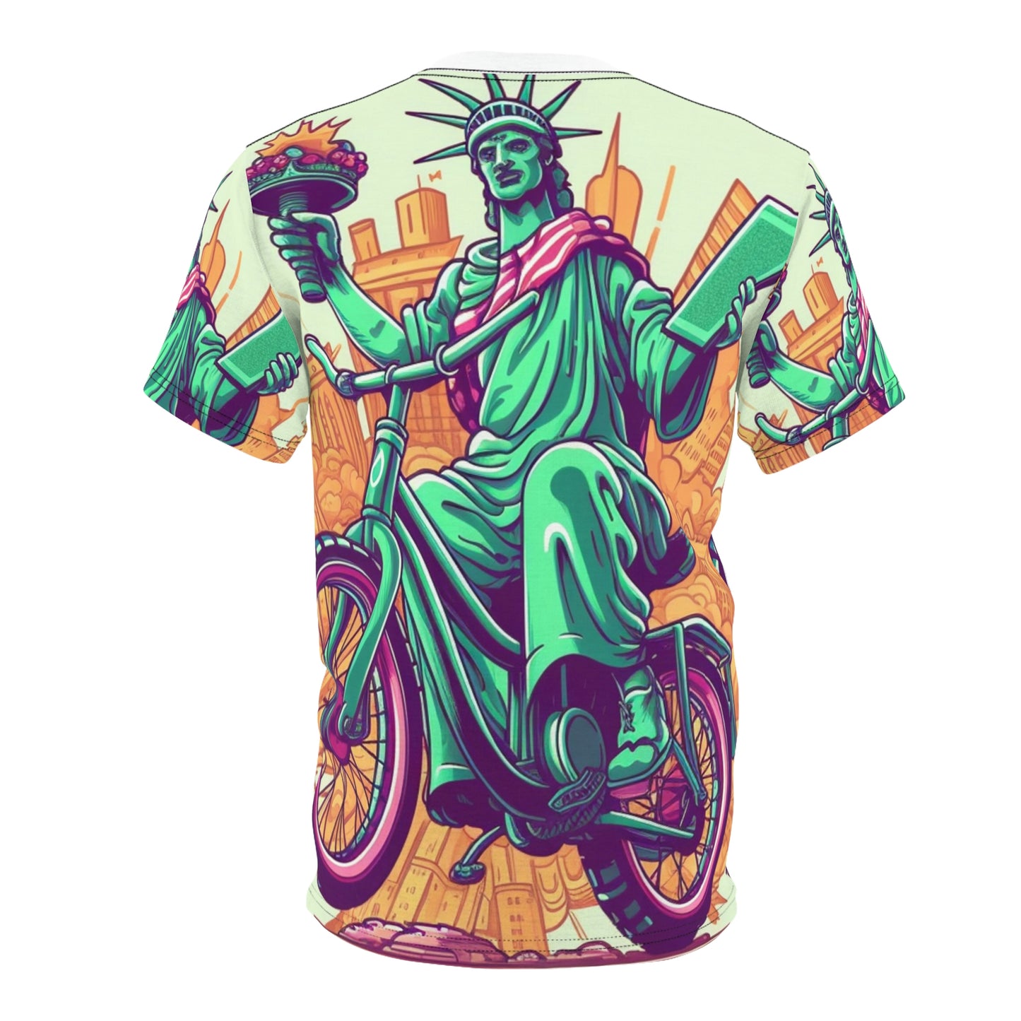 Estatua de la Libertad Ciclista Bike Rider American Graphic Unisex Cut &amp; Sew Tee (AOP) 