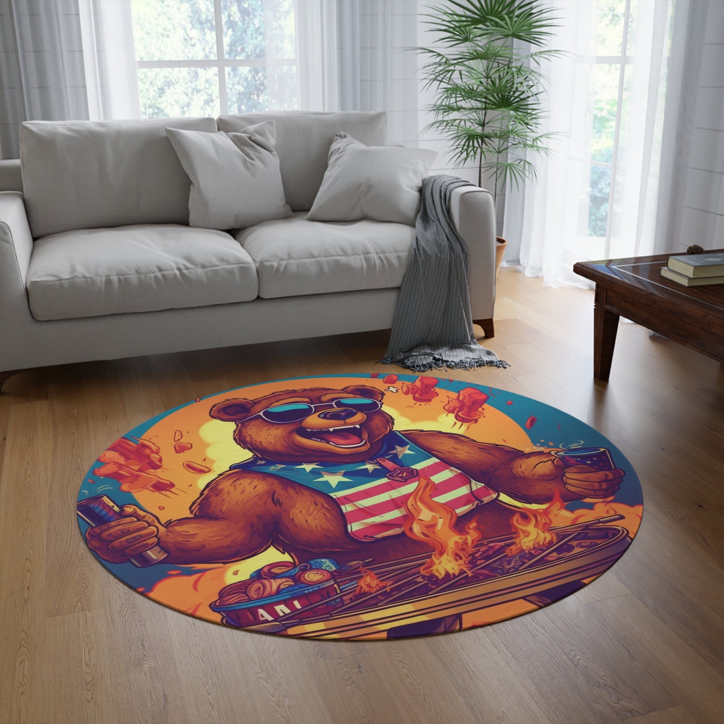 Patriotic Bear's BBQ Bash: Grill and Chill this 4th of July USA Round Rug