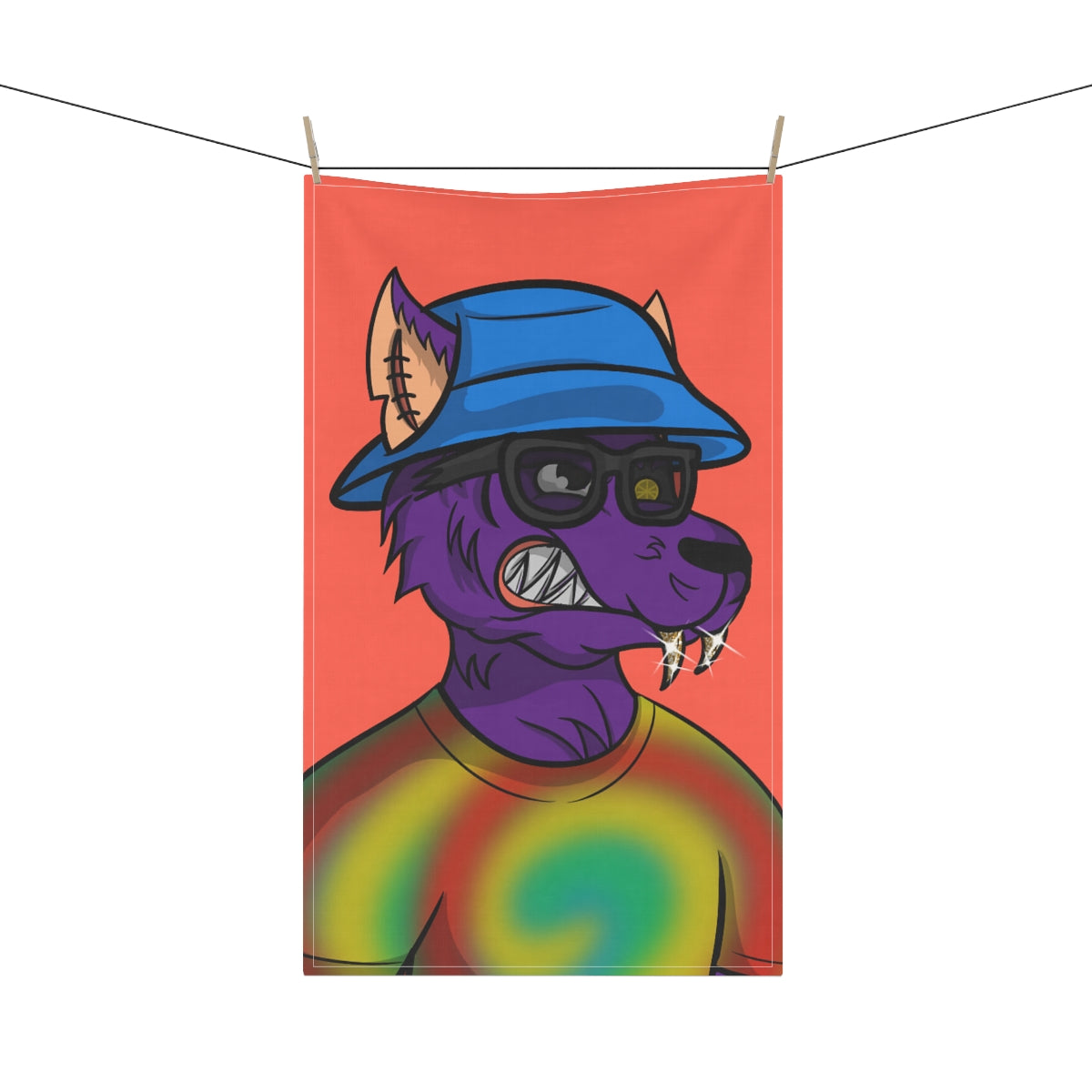 Wolf Cyborg Tie Dye Swirl Shirt Fange Teeth Blue Bucket Hat Purple Fur Tea Kitchen Towel