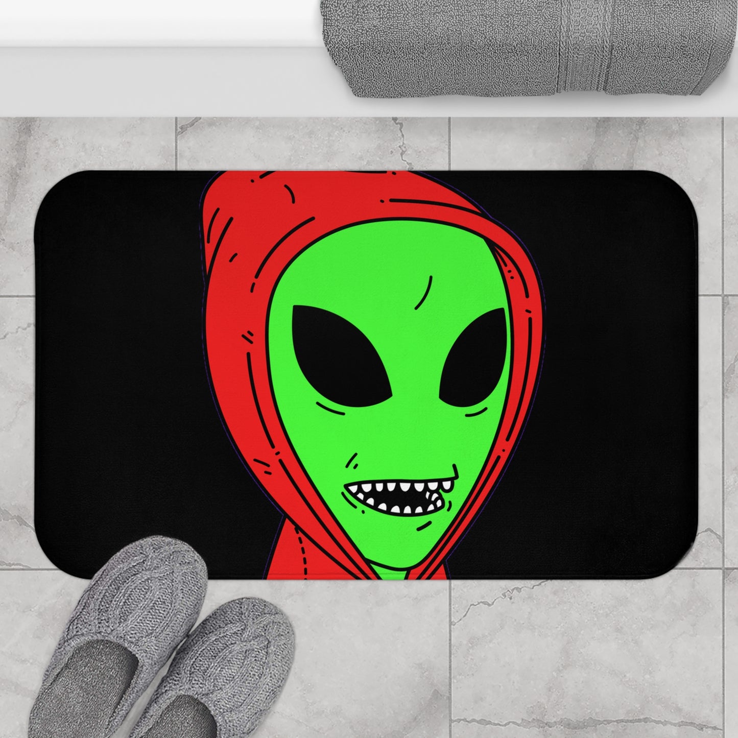 Red Hooded Green Visitor Big Bite Teeth Alien Bath Mat