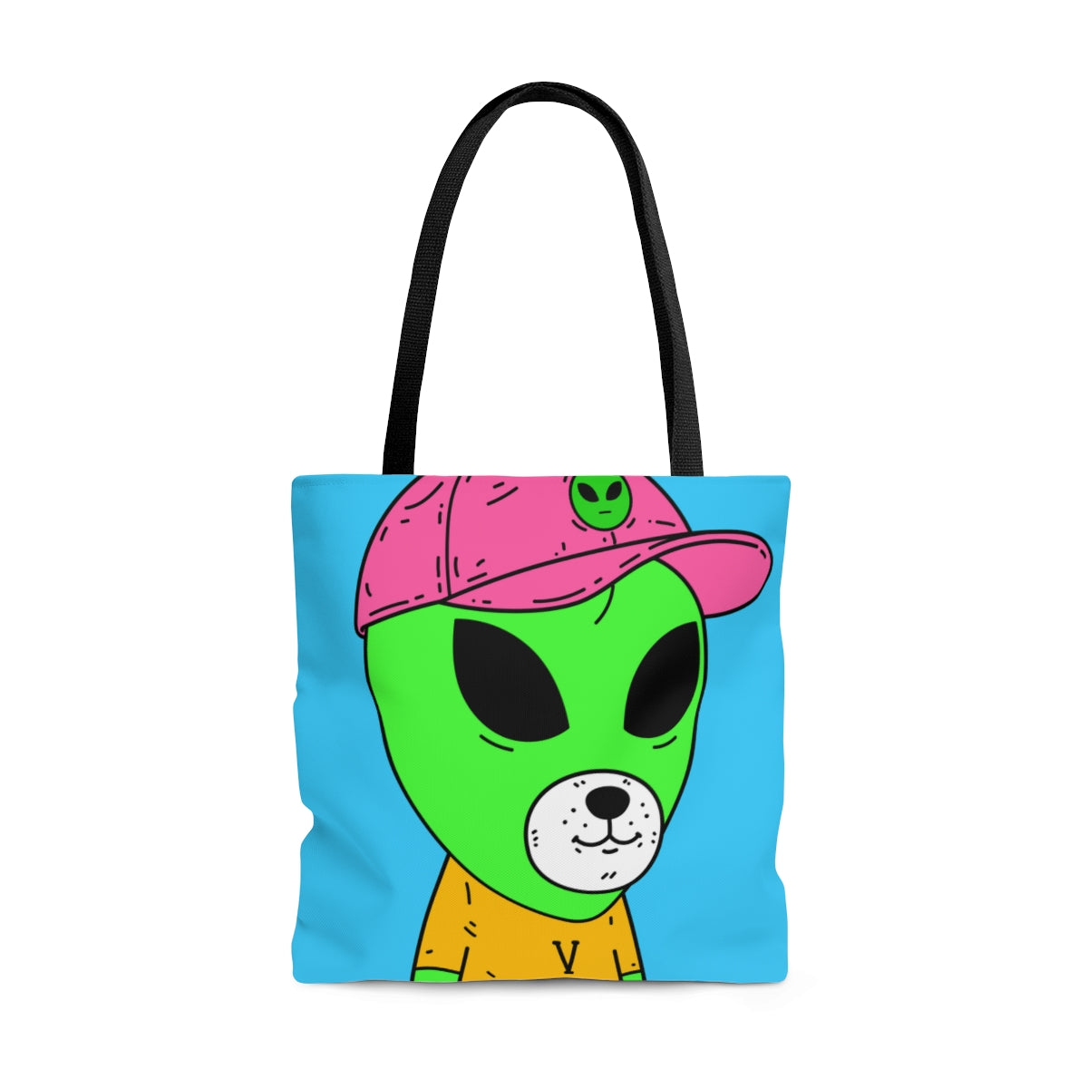 Cara de oso de perro visitante extraterrestre verde Camisas VT amarillas Sombrero Visi rosa AOP Bolsa de tela 