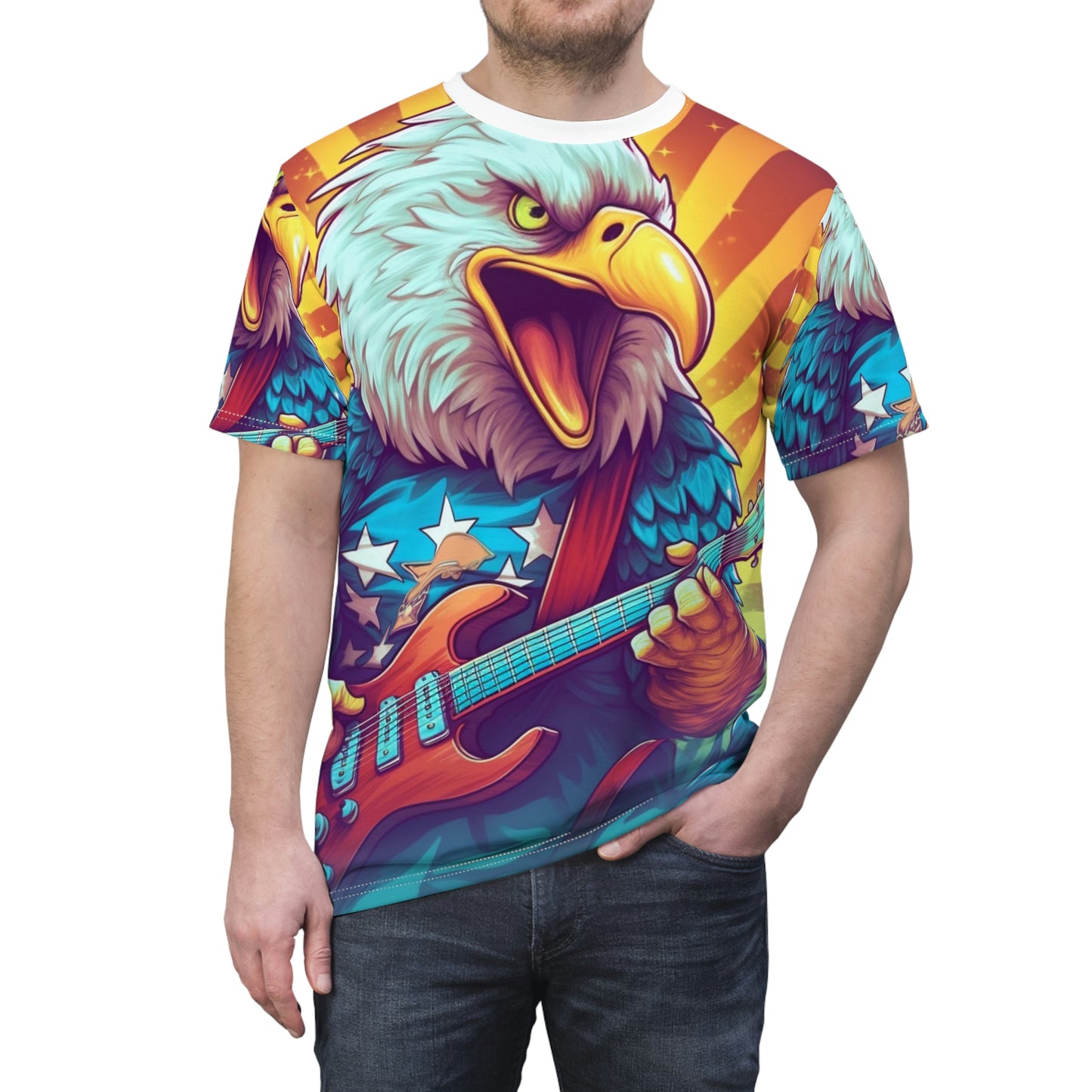 Artistic Graphic of the Guitar-Playing American Bald Eagle Unisex Cut & Sew Tee (AOP)