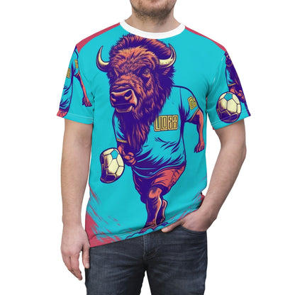 American Bison Soccer Player Sport Buffalo Graphic Camiseta unisex cortada y cosida (AOP) 