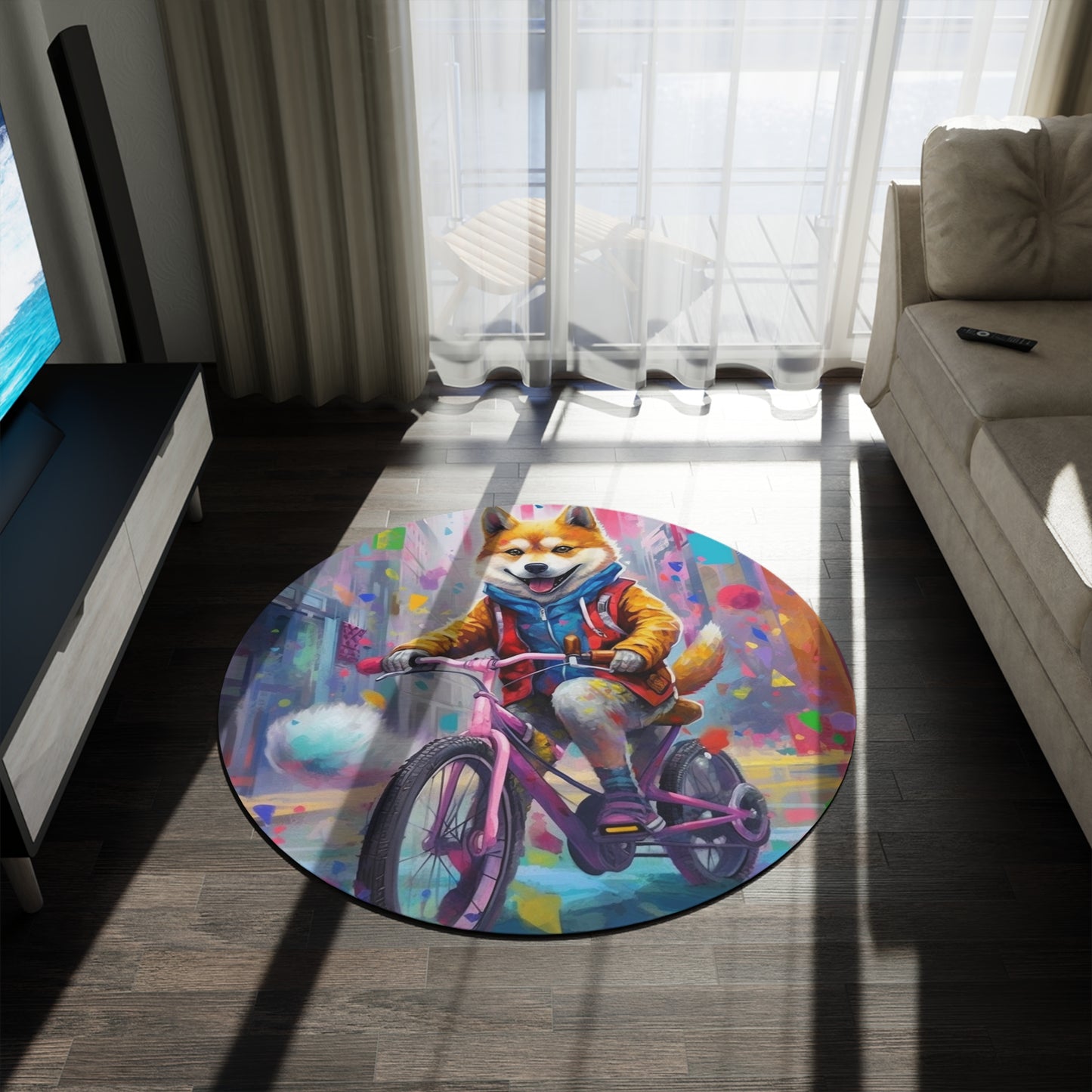 Shiba Inu on Bike Graffiti-Style Art: Colorful, Happy, Post-Apocalyptic Design Round Rug