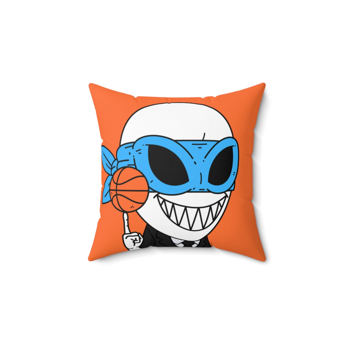 Alien BBall Sport Ninja Mask Big Smile Teeth Game Player Orange Basketball Spun Polyester Square Pillow