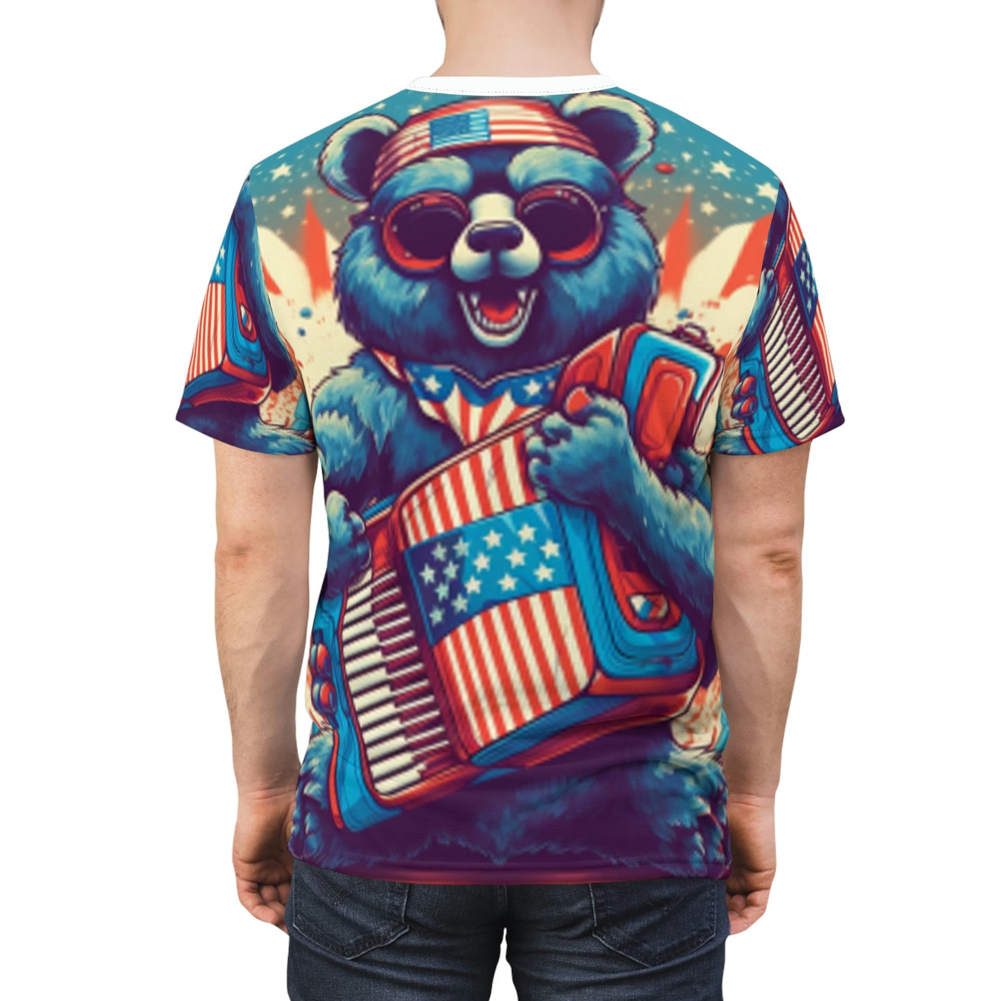 Accordion Bear Patriotic 独立記念日 アメリカン ミュージック ユニセックス カットソー Tシャツ (AOP) 