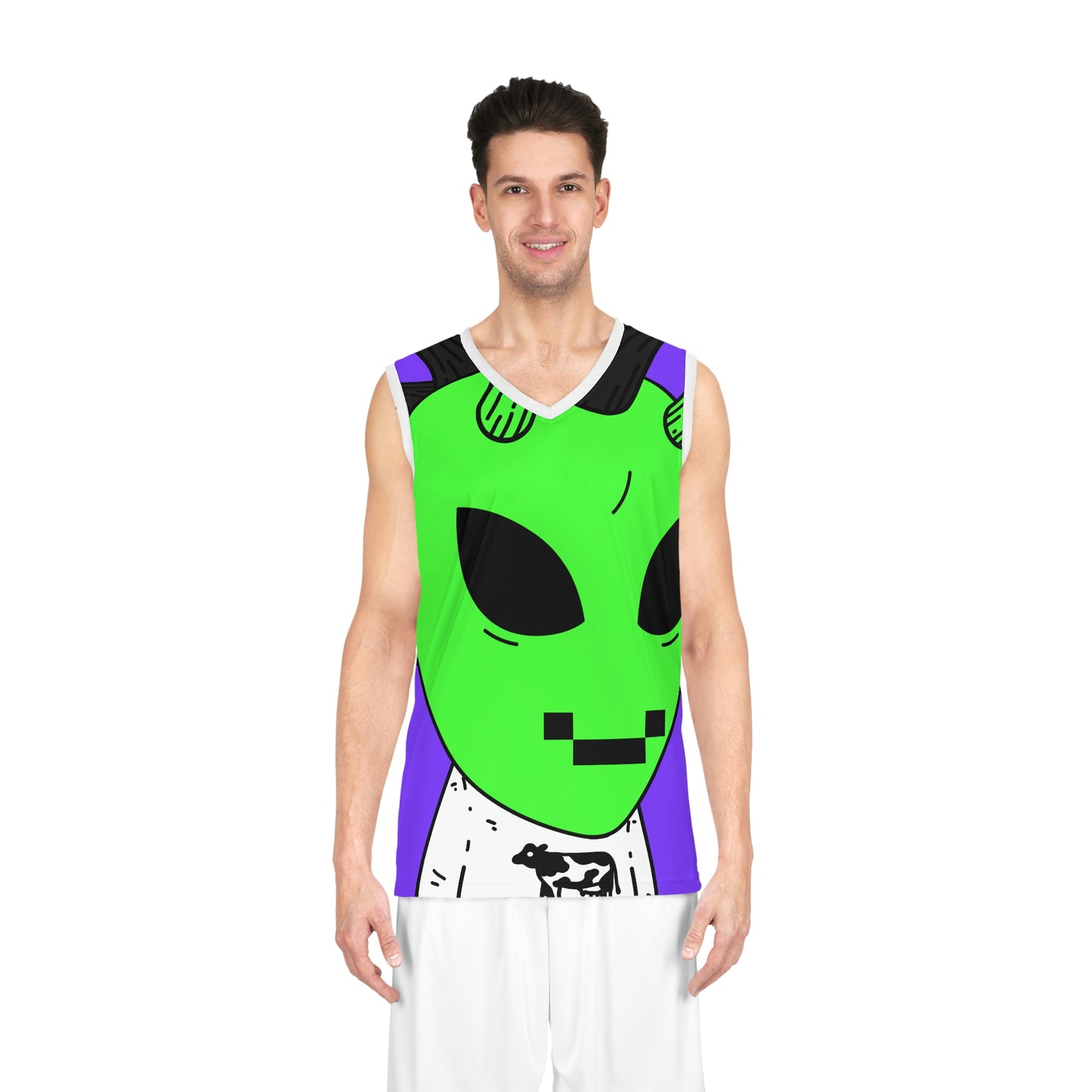 Cow Green Alien Spike Black Hair Digital Smile Visitor Basketball Jersey (AOP)