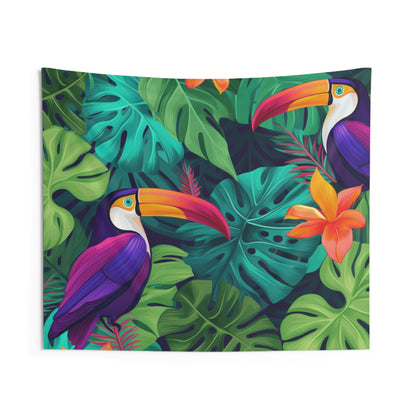 Vivid Tropical Birds & Leaves - Seamless Pattern Indoor Wall Tapestries