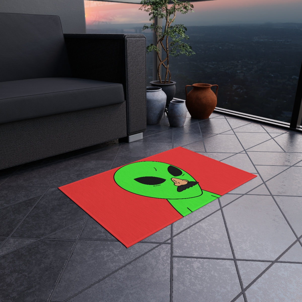 Green Visitor Alien Disguised Fake Nose Outdoor Rug