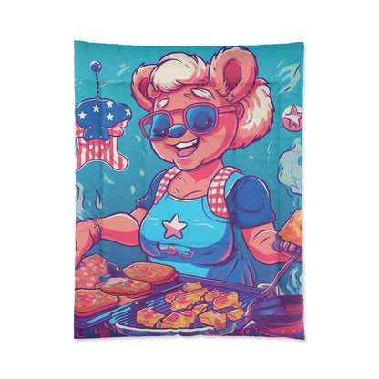 Patriotic Bear Chef: Female Cook Woman Bringing Flavor and American Pride Comforter