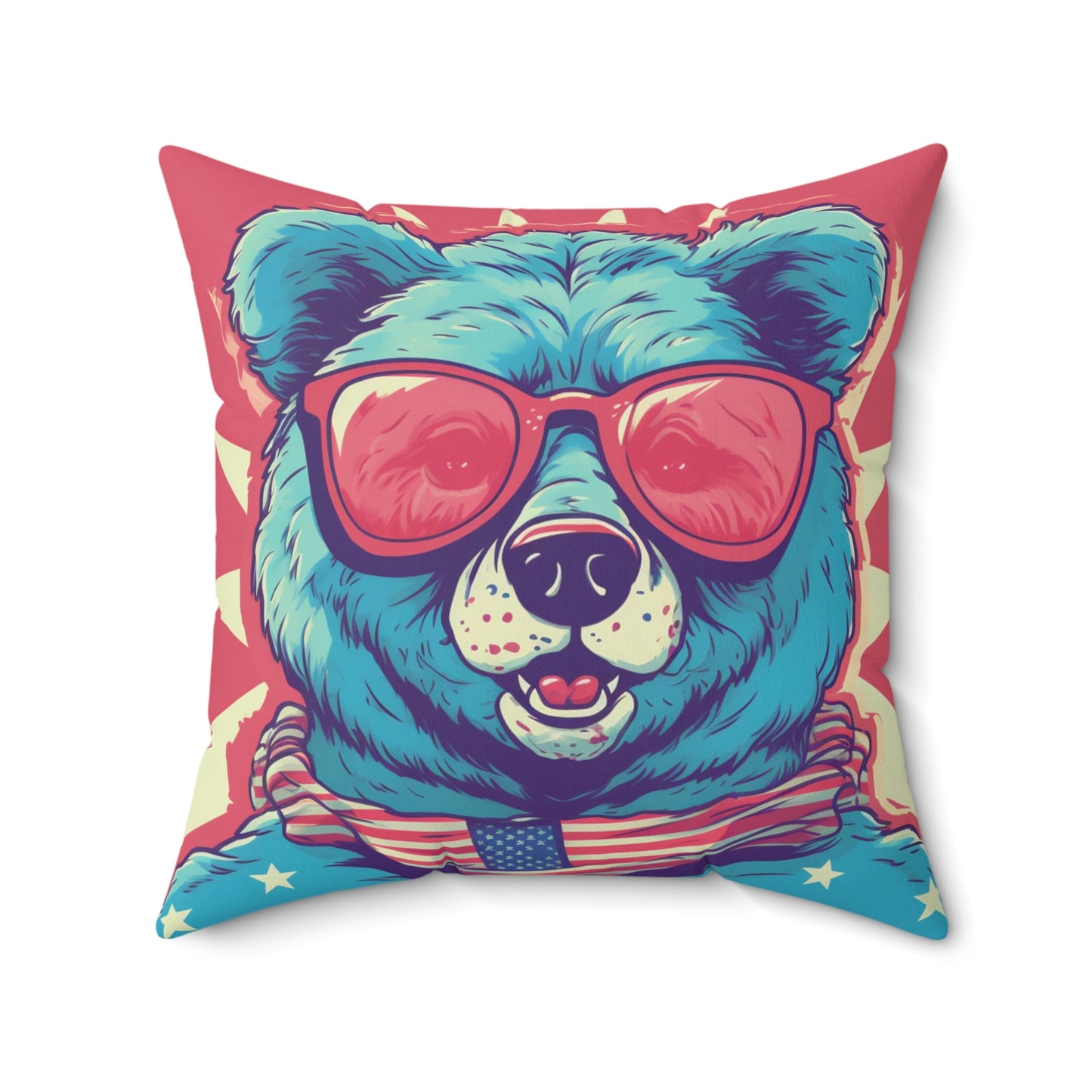 4th of July Festive Fun: Cute Patriotic Bear Graphic USA Style Spun Polyester Square Pillow