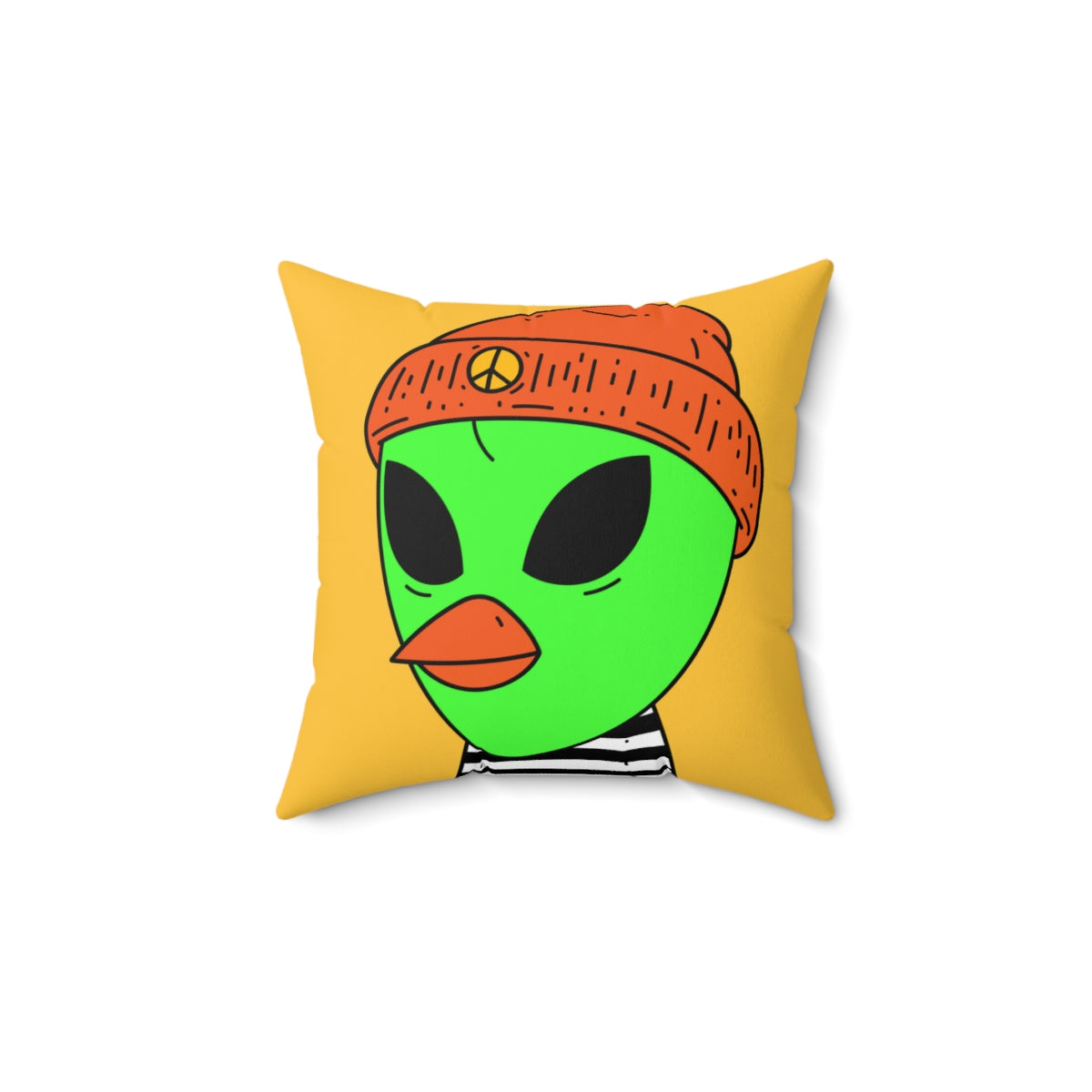 Burb Beak Green Alien Orange Peace Hat Black White Striped Shirt Spun Polyester Square Pillow