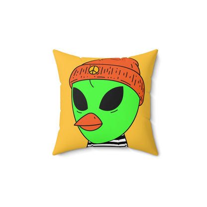 Burb Beak Green Alien Orange Peace Hat Black White Striped Shirt Spun Polyester Square Pillow