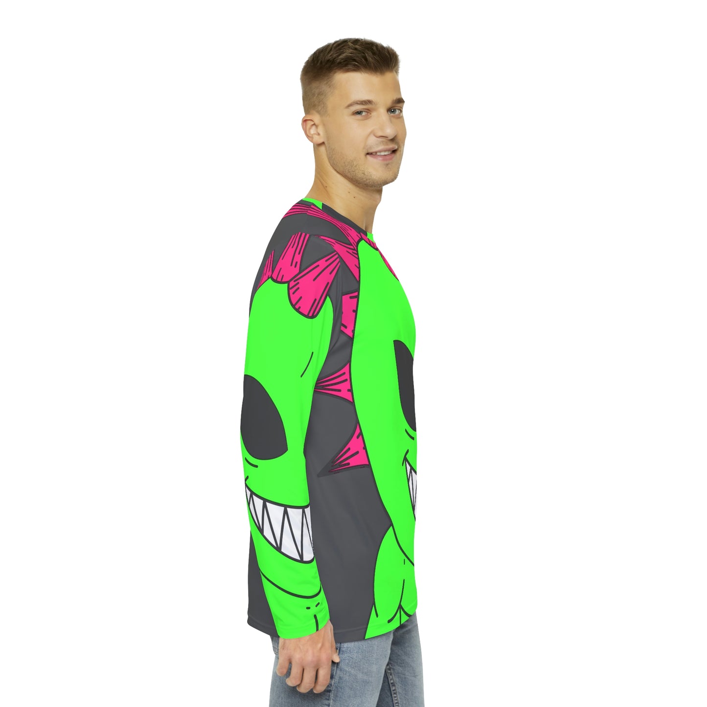 Camisa AOP de manga larga para hombre con pelo rosa con pinchos, gran sonrisa, verde, alienígena, visitante 